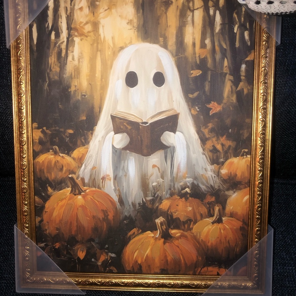 🎃 Autumn Ghost Reading Wall Art with gold frame